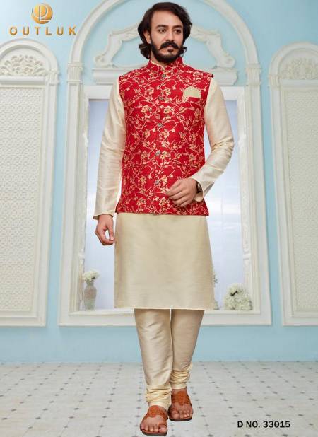 Cream Colour Latest Design Festive Wear Art Silk Digital Printed Kurta Pajama With Jacket Mens Collection 33015